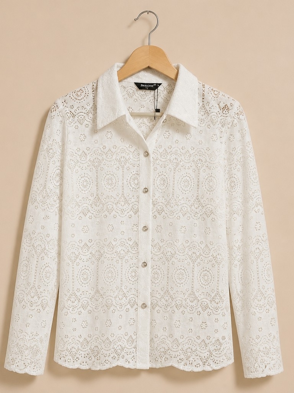 Allegra K White Eyelet Lace Button-Down Shirt